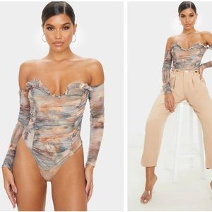 Renaissance Printed Mesh Ruched Bardot Bodysuit